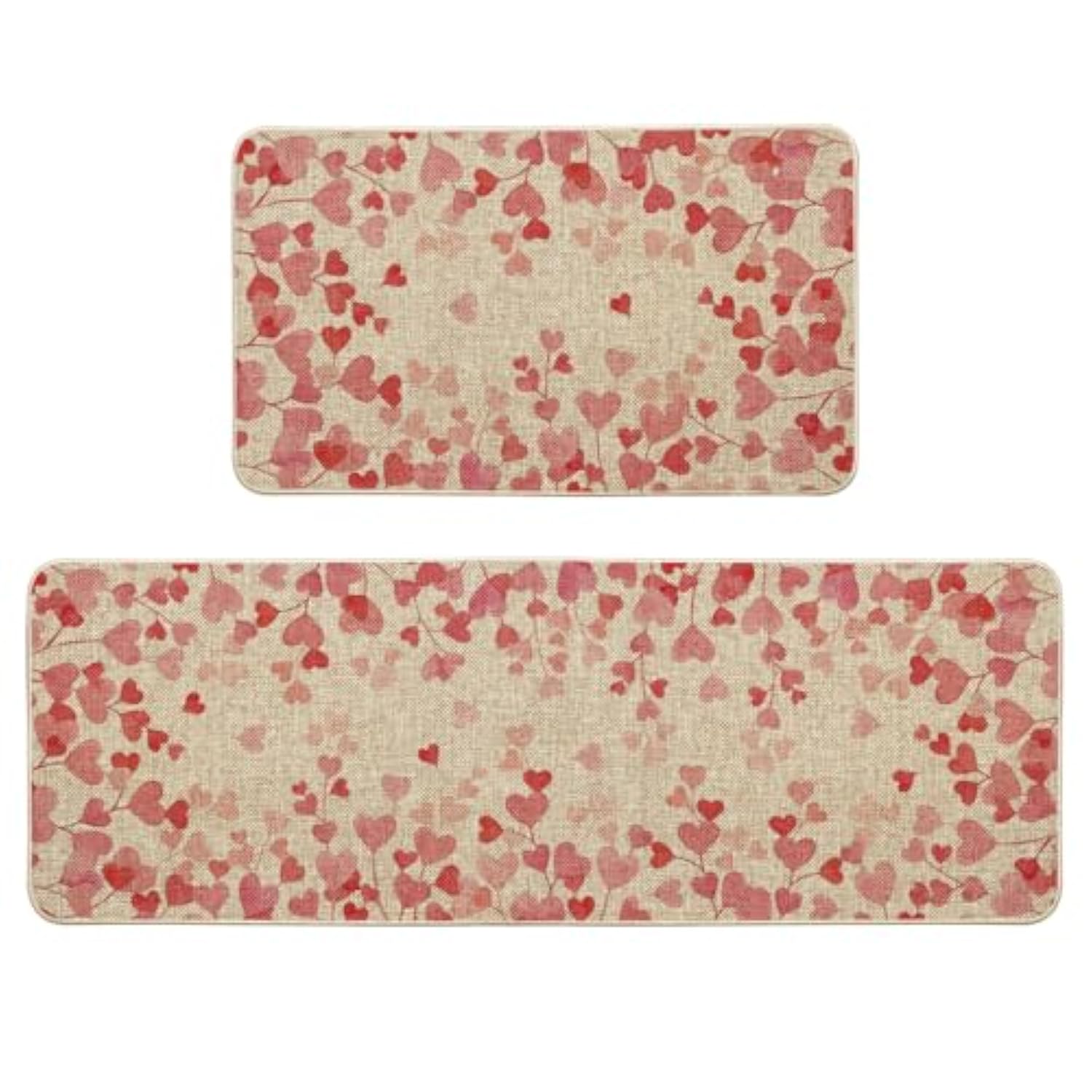 Pink Love Heart Valentines Kitchen Mats Set Of 2, Home Decor Low-Profile Kitchen Rugs For Floor - 17X29 And 17X47 Inch