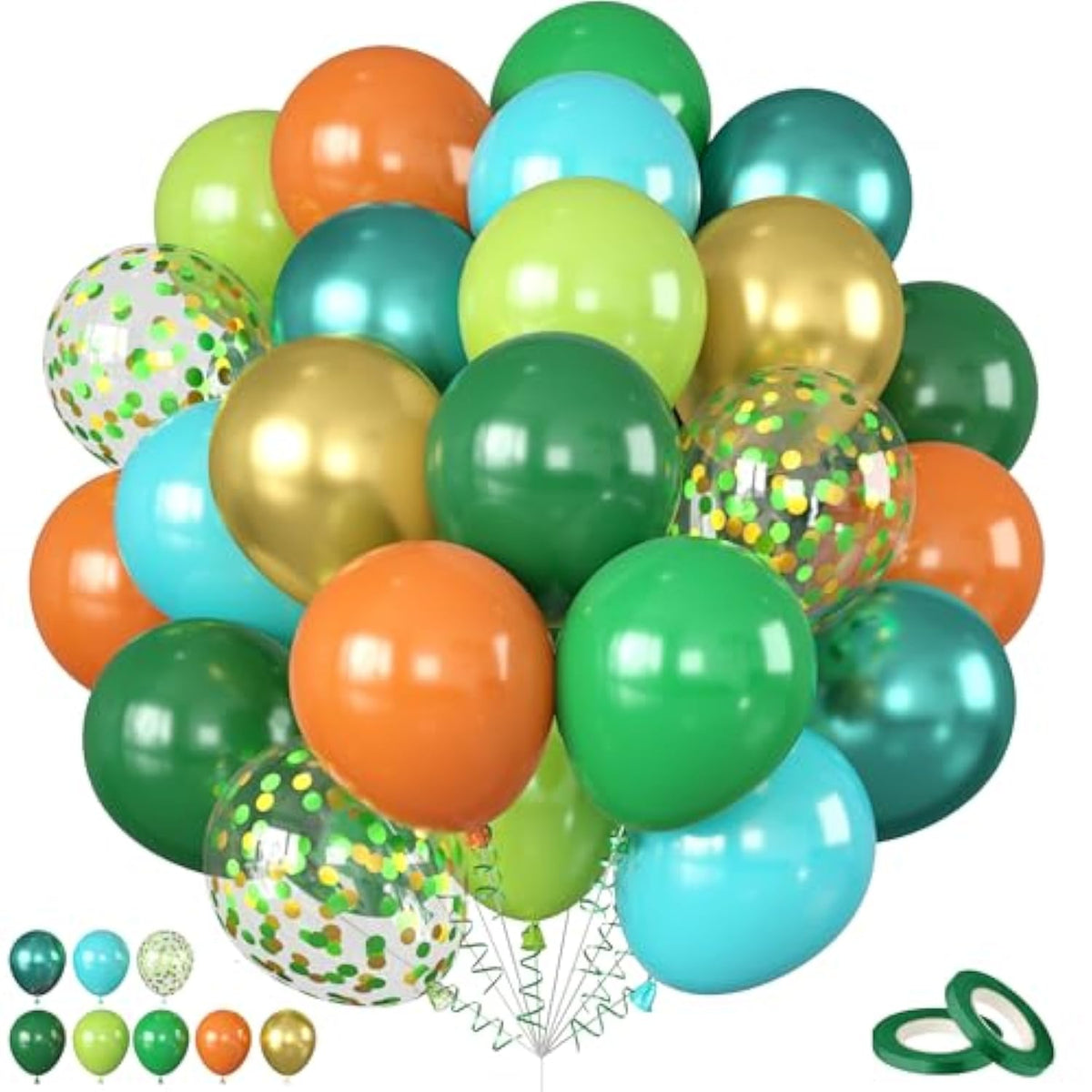 Dinosaur Balloons, 12 Inch Dark Green Teal And Orange Balloons, Metallic Gold Fruit Green Gold Confetti Balloon With Ribbons For Boys Baby Shower Jungle Safari Birthday Party Decorations