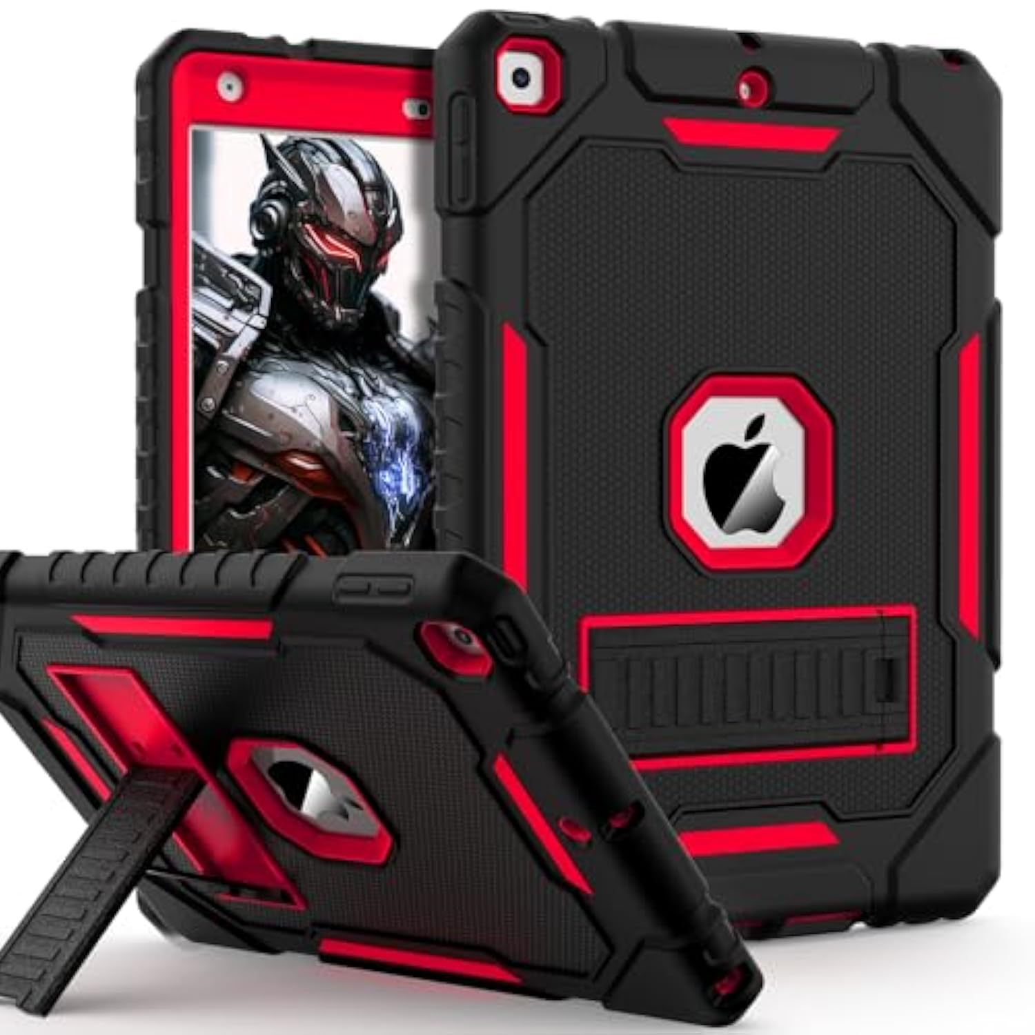 Case For Ipad 9Th/8Th/7Th Generation 2021/2020/2019(10.2 Inch), Heavy Duty Grade Shockproof Rugged Protective 10.2" Cover With Built-In Stand For Ipad 9 8 7 Gen (Black+Red)