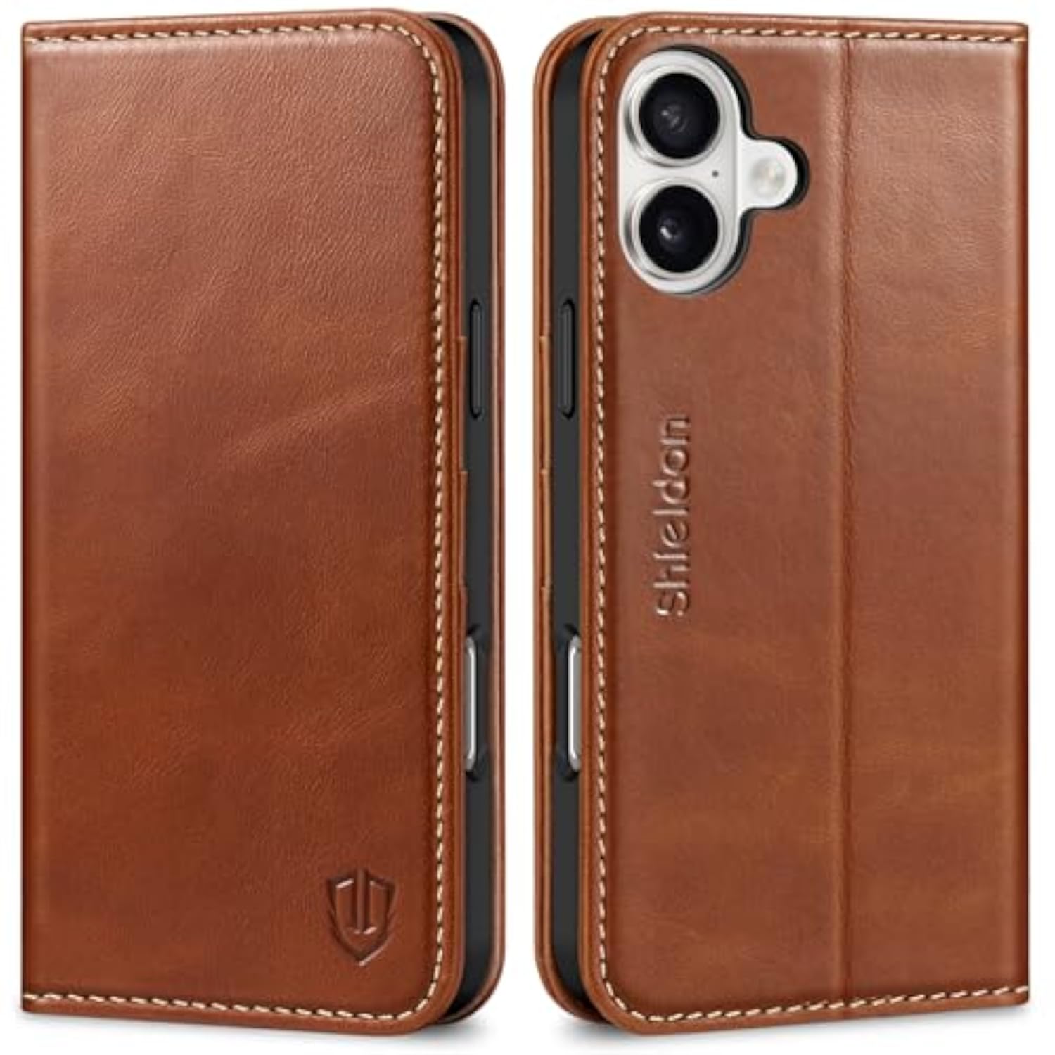 SHIELDON Genuine Leather Case Wallet for iPhone 16 Plus 6.7" Retro Brown