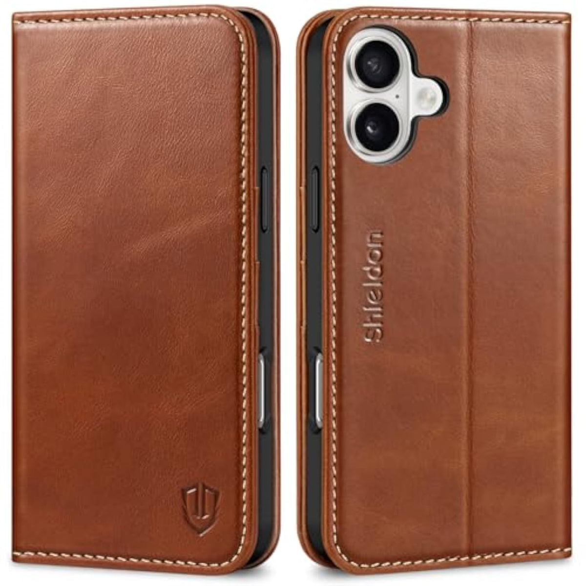 SHIELDON Genuine Leather Case Wallet for iPhone 16 Plus 6.7" Retro Brown