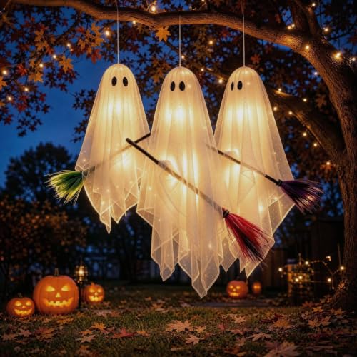 3 Pack Hanging Light Up Ghosts on Brooms Halloween Decorations Outdoor