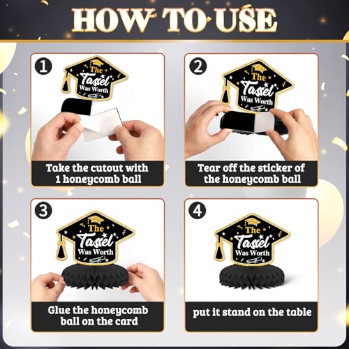9 PCS 2026 Graduation Decorations, Graduation Honeycomb Centerpieces for Tables Centerpieces 3D Graduation Theme Party Decor Supplies,Black