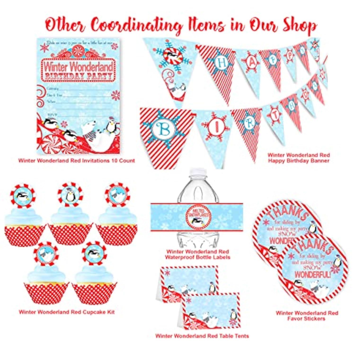 Winter Wonderland Large Invitations - 10 Invitations 10 Envelopes - - Penguin Party Supplies - Penguin Party Decorations - Winter Birthday Party - Penguin Birthday - Winter Onederland Party - Red