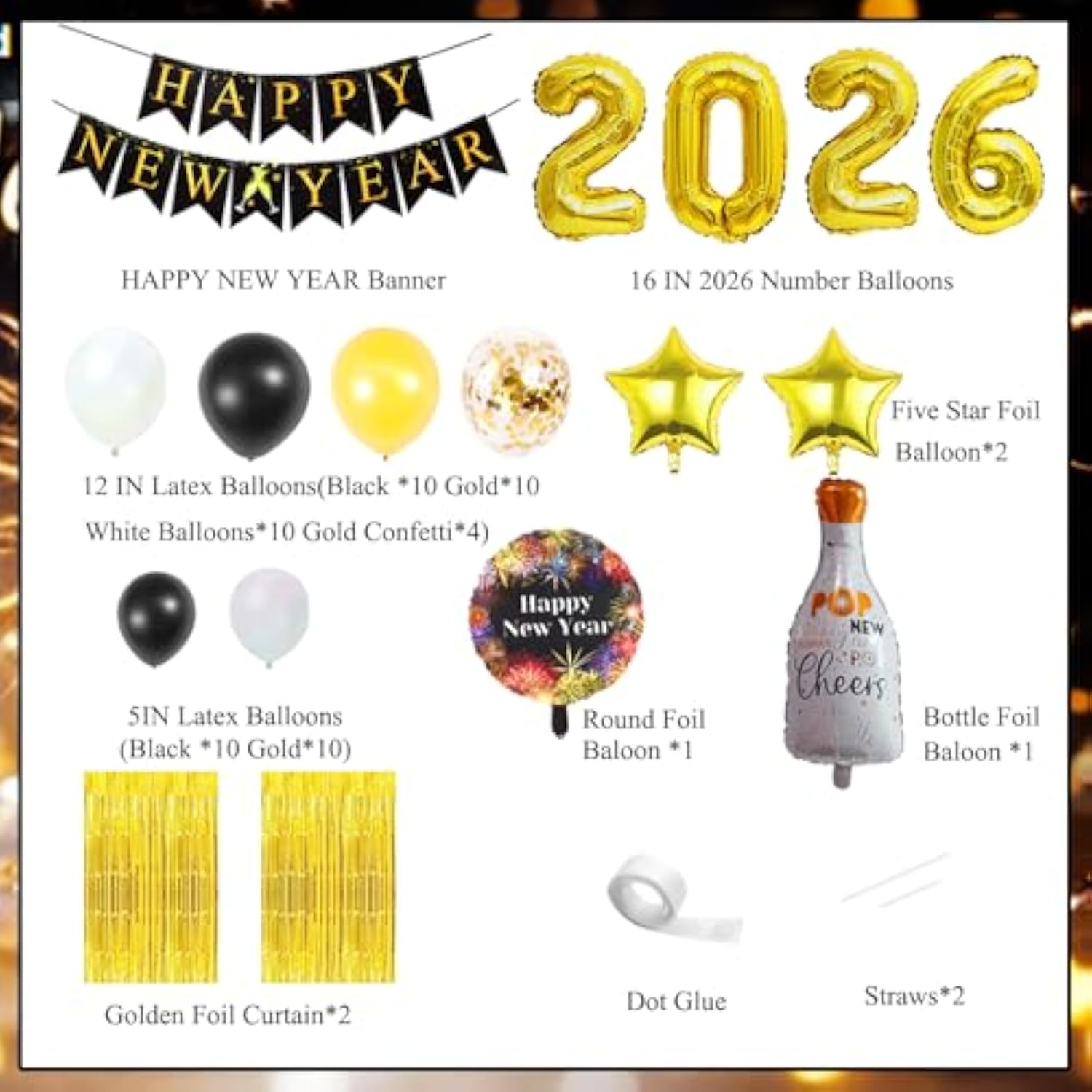 Happy New Year 2026 Party Set with Foil Balloons, Banner, and Backdrop