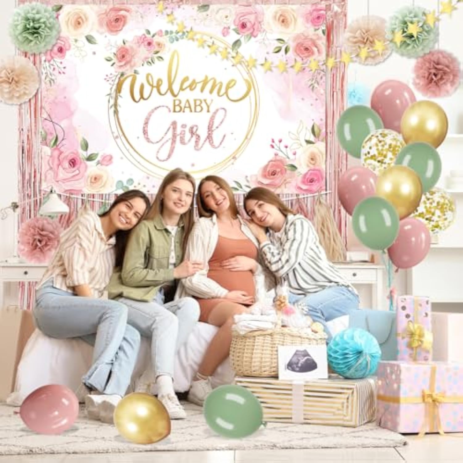 Dusty Pink And Sage Green Baby Shower Decorations Welcome Baby Girl Floral Backdrop Retro Pink Sage Green Gold Balloons Dusty Rose Pompoms Tassel Garland For Girl Birthday Baby Shower Decor