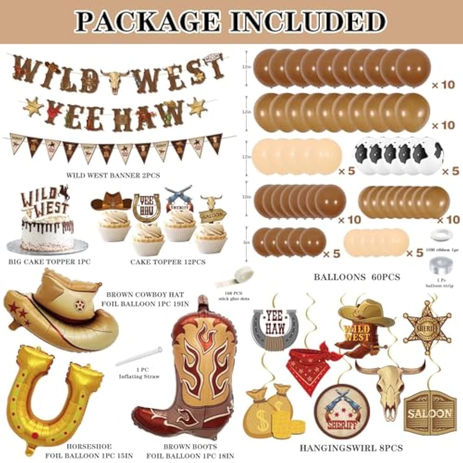 120-Pcs Western Cowboy Party Decor Banners, Swirls & Balloons