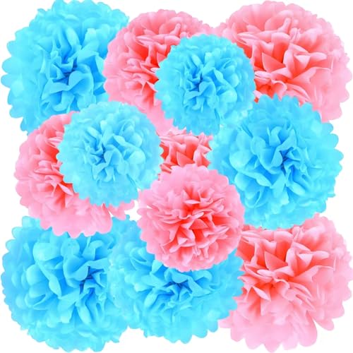 Pink and Blue Tissue Paper Pom Poms 12Pcs- Hanging Paper Flowers for Wedding Gender Reveal Birthday Graduations Christmas and Special Occasions(8 &10 & 12 inch)