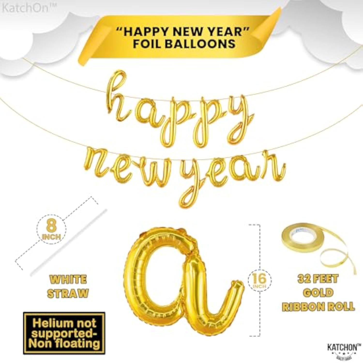 16In Script Gold Happy New Year Balloons NYE Party Decorations 2026