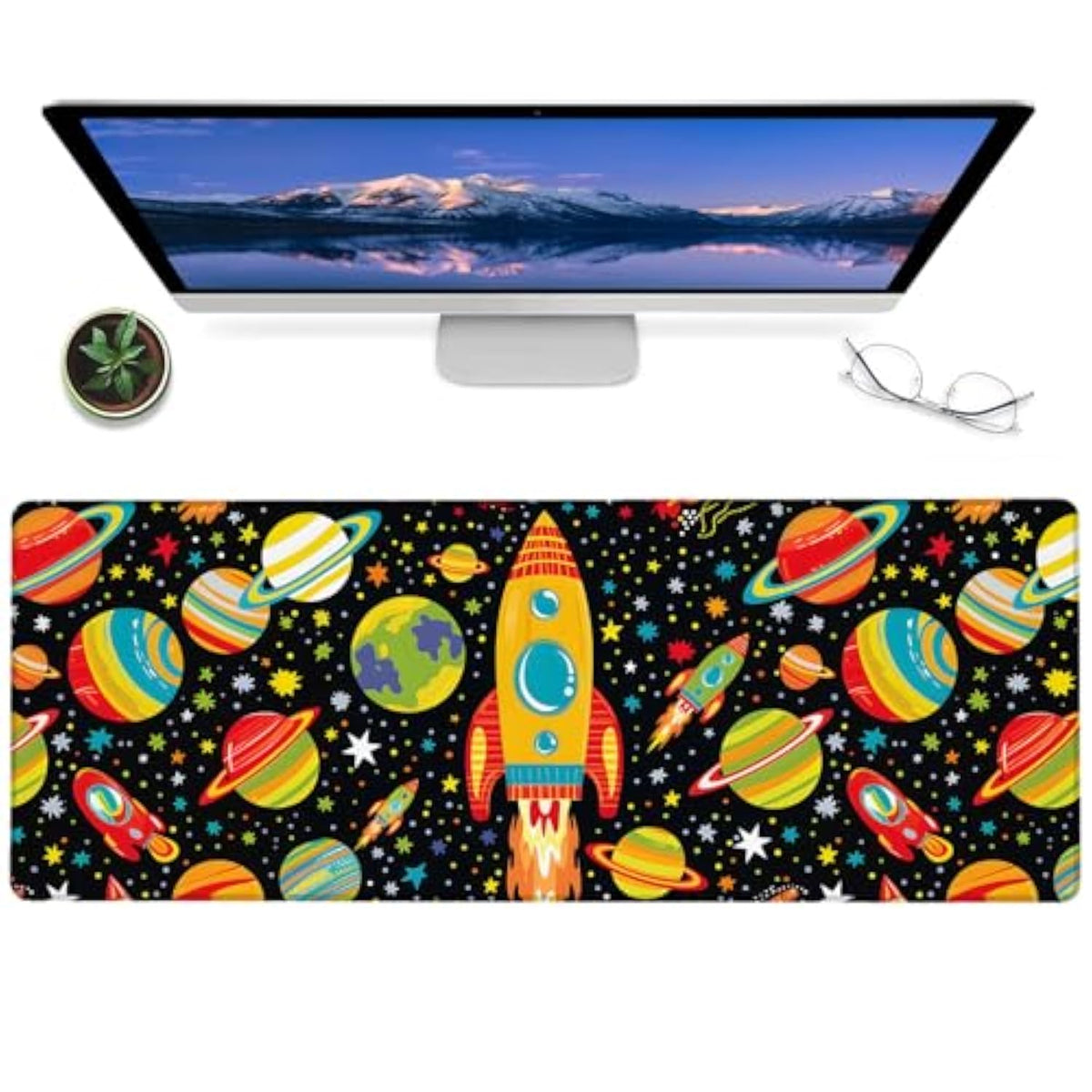 Cool Space Gaming Mouse Pad,12X31.5In Non-Slip Rubber Cosmic Desk Mat,Large Extended Mousepad For Office Home Laptop,Mice Pads Gifts,Game Lover Deskmat Decor (Colorful Rocket And Planet)