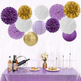 Purple White-Gold Party-Decorations Paper Flowers Lanterns - 15Pcs Graduation Lavender Tissue Pom Poms Streamers,Wedding Birthday Bachelorette Baby Shower Classroom Hanging Supplies Decor