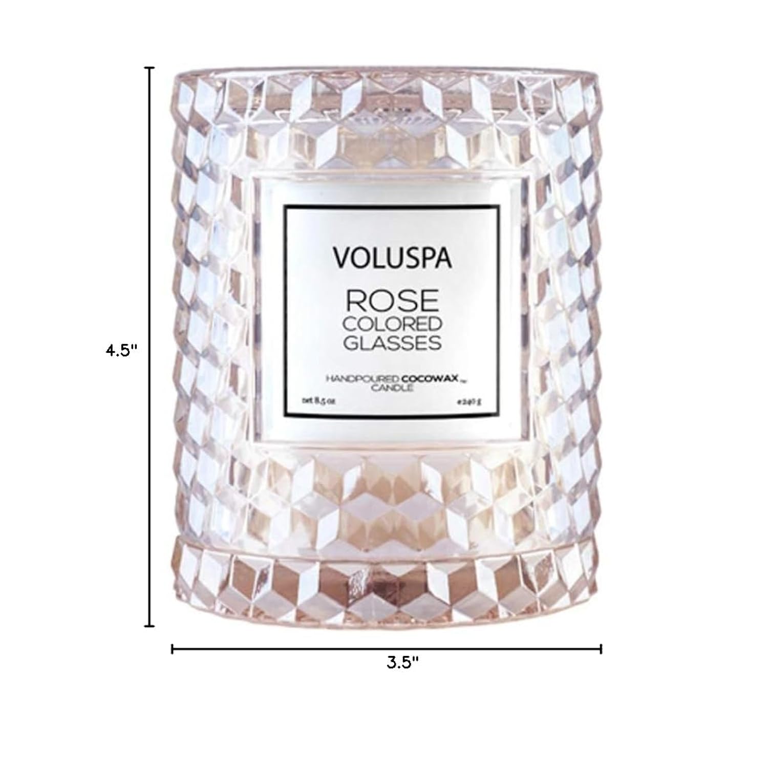 Voluspa Rose Colored Glasses, Cloche Textured Glass Candle, 8.5 Ounce, 55 Hour Burn Time, Coconut Wax for Clean Burning, Handcrafted in The USA