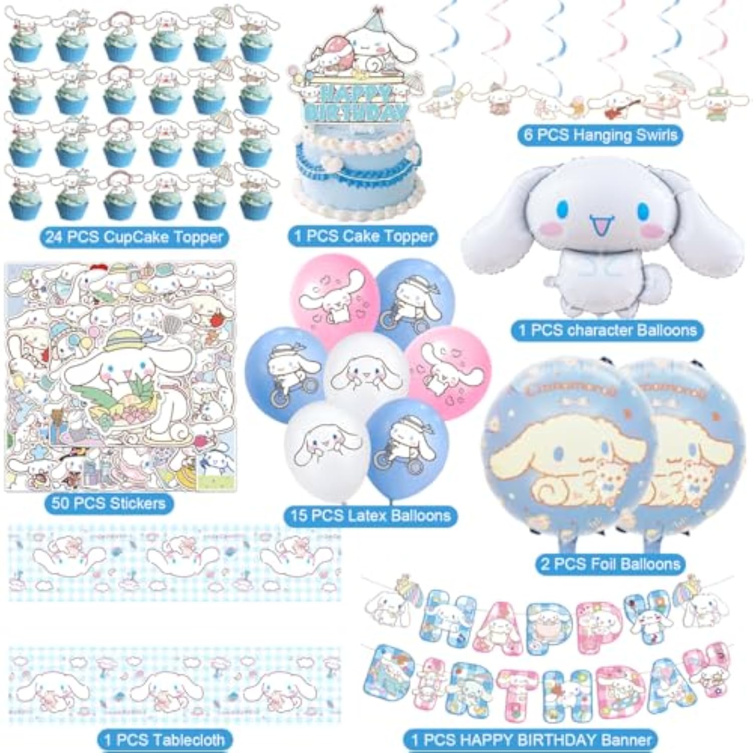 Cinnamoroll Birthday Decorations, 101Pieces Party Supplies Set Include Banner, Balloons, Stickers, Hanging Swirls, Cake Cupcake Toppers, Tablecloth For Kids Cinnamoroll Theme Party