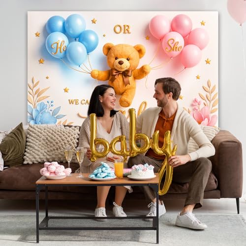 Boho Bear Gender Reveal Banner Backdrop 5.9×3.6Ft He or She Banner