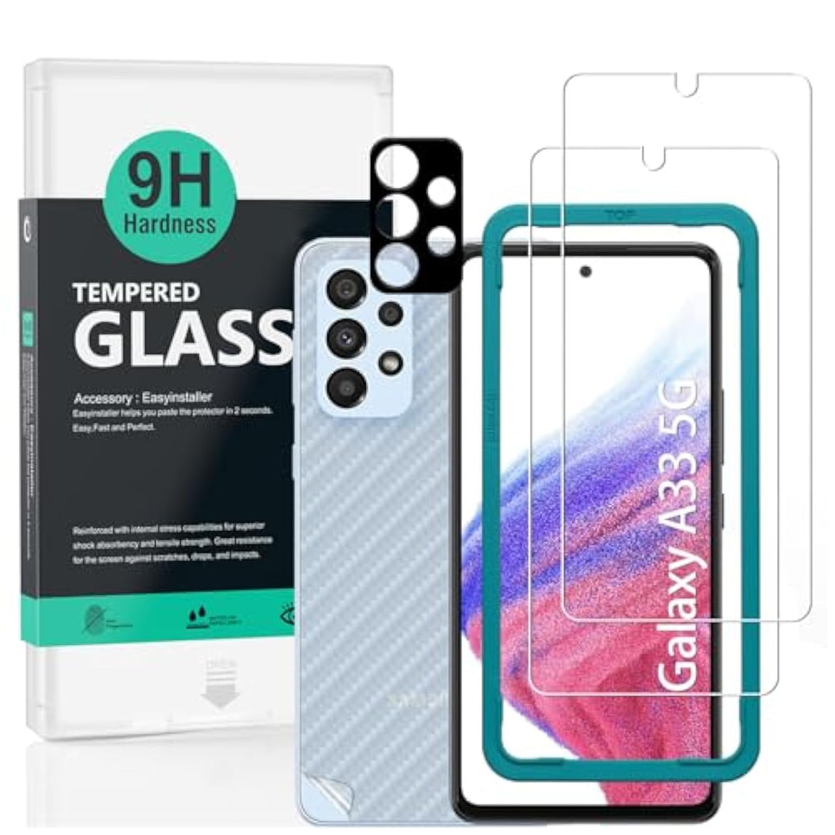 Screen Protector For Samsung Galaxy A33 5G (6.4 Inches),With 2Pcs Tempered Glass,1Pc Camera Lens Protector,1Pc Backing Carbon Fiber Film [Fingerprint Reader,Easy To Install]