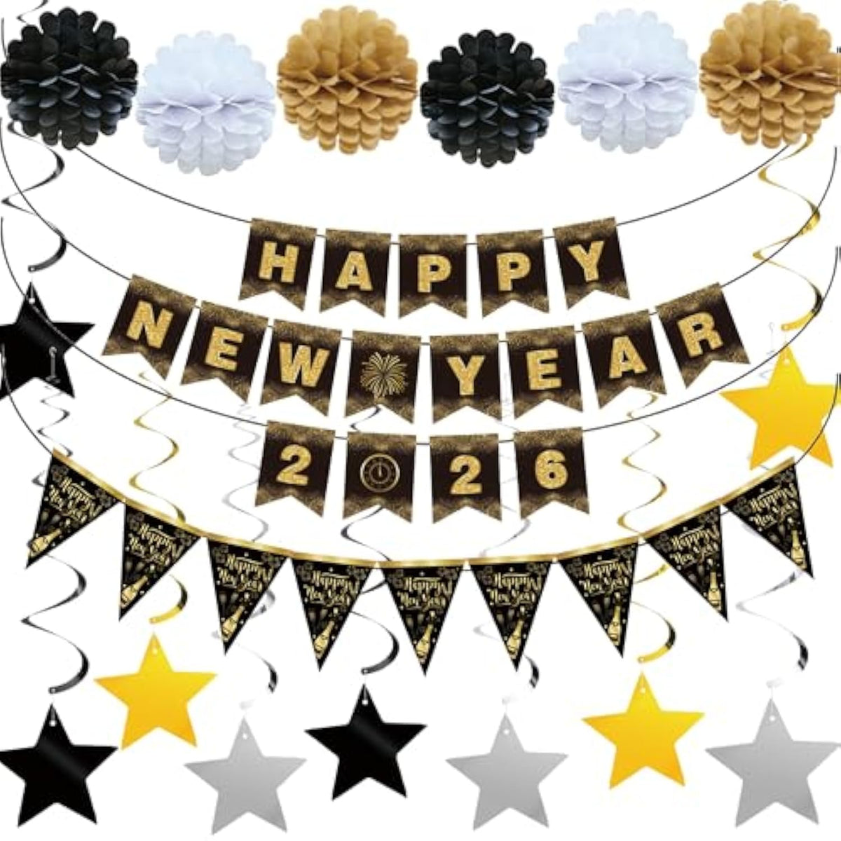 Happy New Year 2026 Party Set Black Gold Banner Swirls Flags Pom Poms