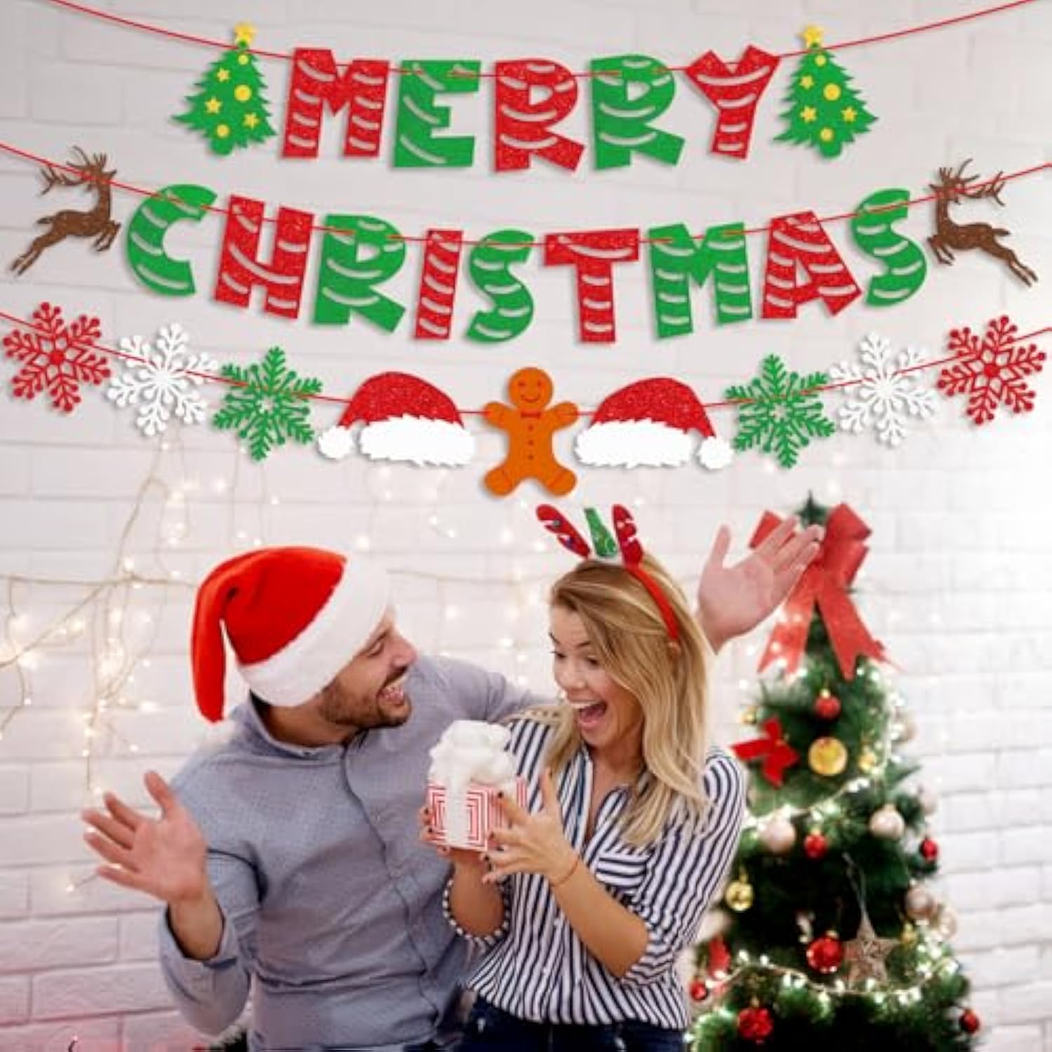 Pre-Strung Glitter Merry Christmas Banner For Christmas Decorations, With Santa Hat, Christmas Tree, Reindeer, Snowflakes, And Gingerbread Man, Christmas Party Supplies, Green