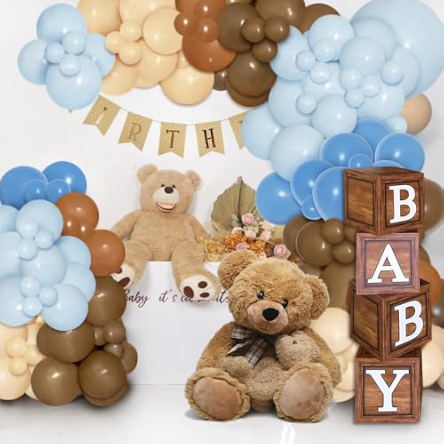 Boho Blue & Coffee Balloon Garland Kit: Teddy Bear Shower Decor