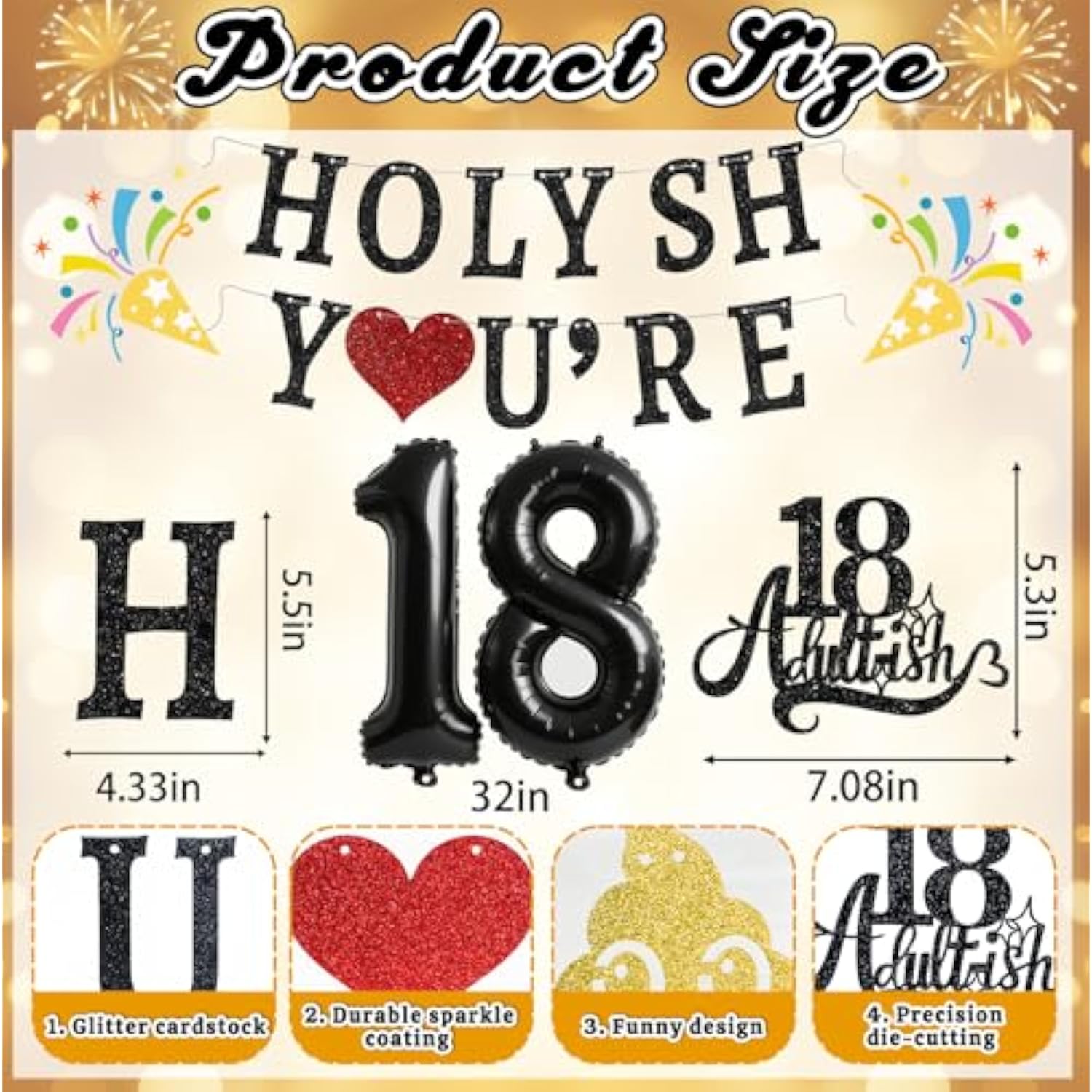 Funny 18Th Birthday Decorations For Girls Boys - Glitter 18Th Birthday Banner, Adultish Cake Topper &18 Balloon Numbers Set - 18 Years Old Gifts Party Decorations Supplies