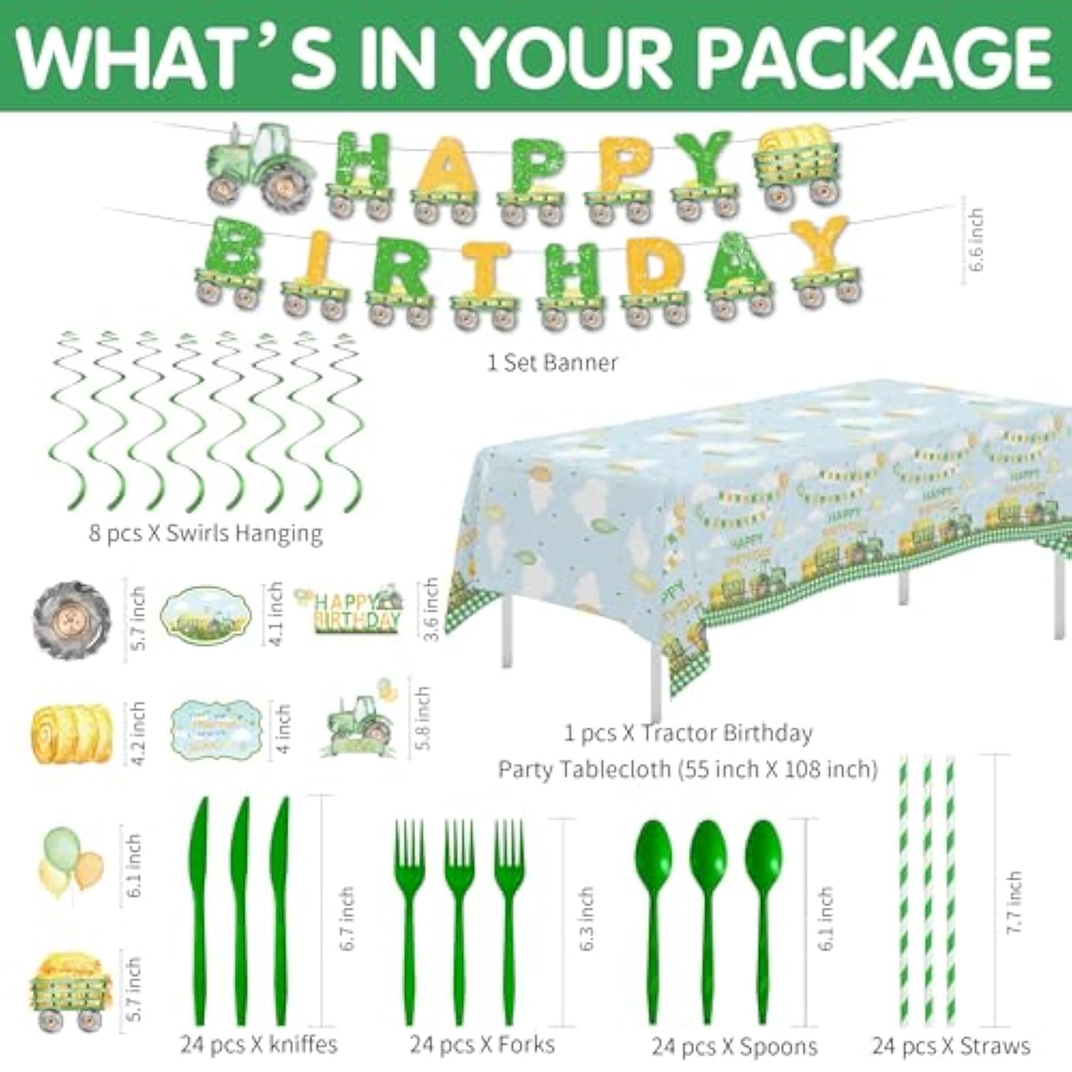 Tractor Birthday Decorations, Farm Theme Green Tractor Party Supplies For Birthday Baby Shower, Paper Plate, Cup, Napkin, Banner, Tablecloth, Swirls, Cutlery, Serves 24