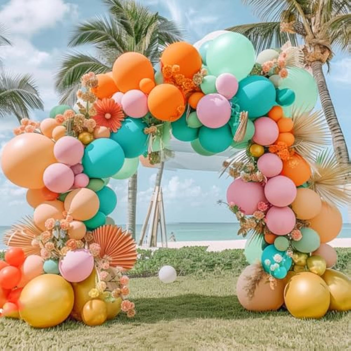 Pastel Balloons Garland Kit Coral Pink Teal Blue Balloons Double Stuffed Light Green Orange Gold Metallic Latex Arch For Tropical Hawaii Luau Birthday Baby Shower Wedding Party Decorations