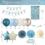 Blue Birthday Decorations, Retro Dusty Blue Sand White Gold Party Balloon Kit With Happy Birthday Banner Fringe Curtain Background Pom Poms Cake Topper For Baby Boys Girl Women Men Bday Decor Supplies