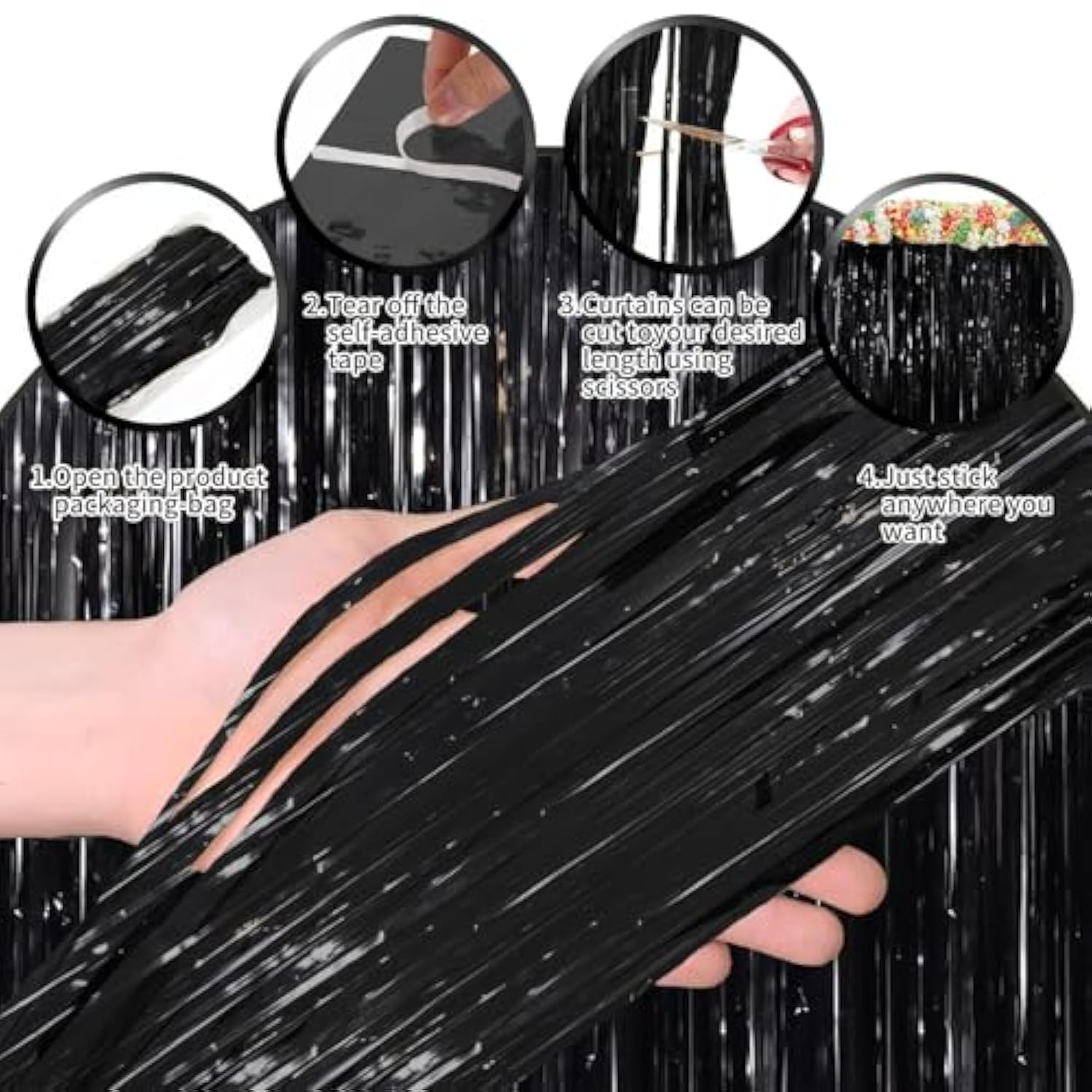 2 Pack Black Foil Fringe Curtains Backdrop Streamers for Birthday Halloween Party