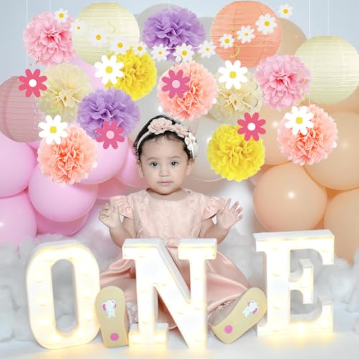 Spring Party Decorations Pastel Daisy Party Decorations Boho Rainbow Daisy Flower Hanging Swirls Poms Lanterns Pink Peach Banner White For Birthday Women Girl Baby Shower Bridal Shower Wedding
