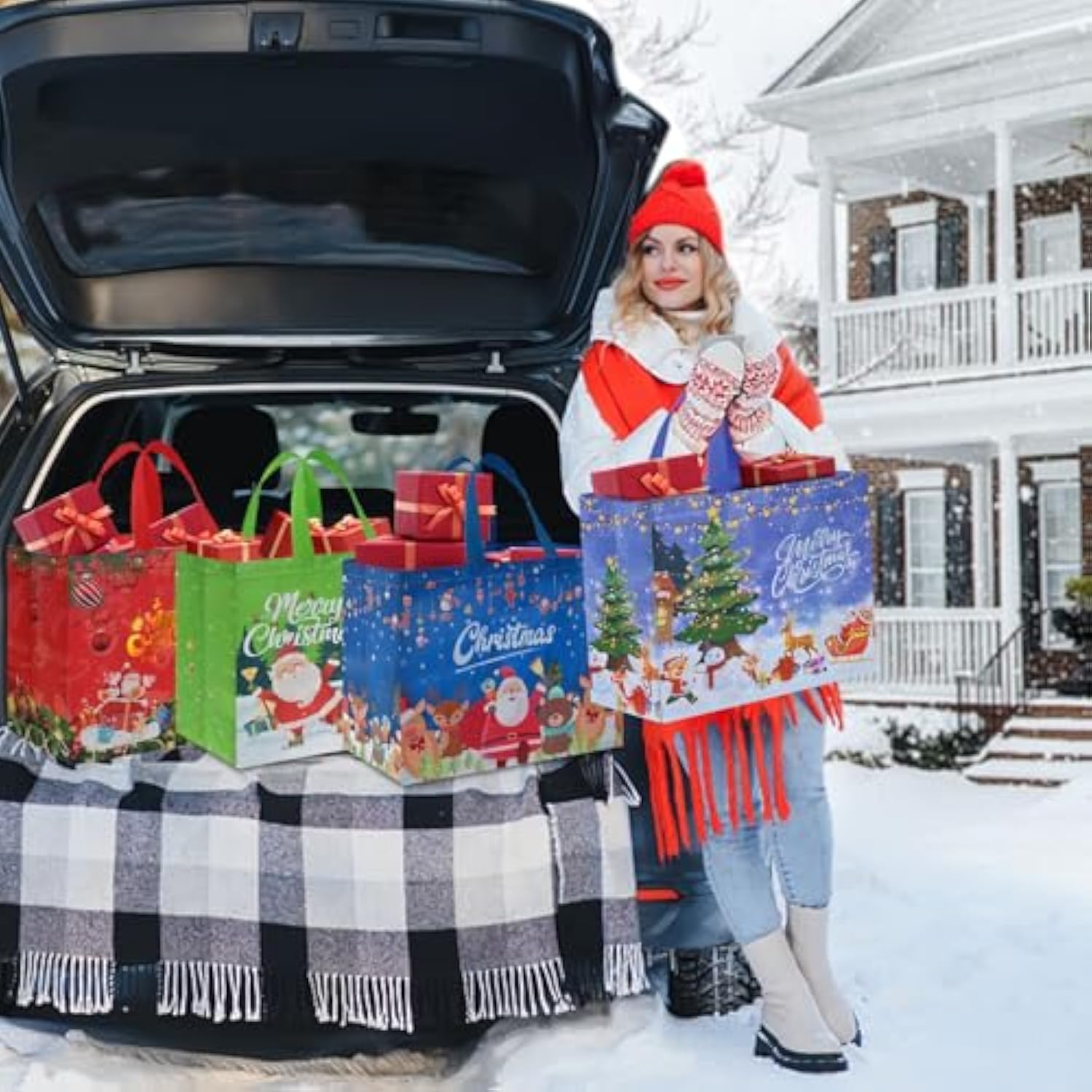 12Pcs Extra Large Christmas Gift Bags, 15.7'' X 14.2''X 5.9'', Christmas Tote Bags With Handles, Reusable Non-Woven Shopping Bag For New Year, Xmas'S Party Supplies Decorations