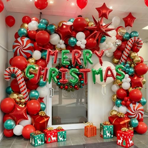 143 Pcs Christmas Balloon Garland Arch Kit-Merry Christmas Banner and Red White Gold Metallic Green Cane Balloons Candy Foil Balloons Gift Box Balloons for Xmas Party Decorations