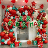 143 Pcs Christmas Balloon Garland Arch Kit-Merry Christmas Banner and Red White Gold Metallic Green Cane Balloons Candy Foil Balloons Gift Box Balloons for Xmas Party Decorations