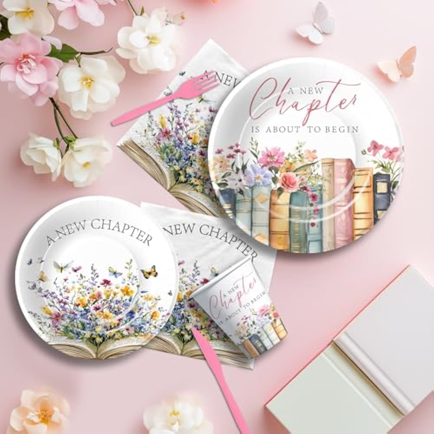 Book Theme Bridal Shower Decorations Tableware, Pink Library Reading Theme A New Chapter Story Book Bridal Shower Party Supplies, Disposable Paper Plate, Cup, Napkin, Cutlery, Serves 24