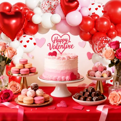 Valentines Day Balloon Garland Arch Kit, Pink Red I Love You Balloons with Rose Petals for Bachelorette Bridal Wedding Engagement Birthday Galentines Romantic Valentines Party Decorations