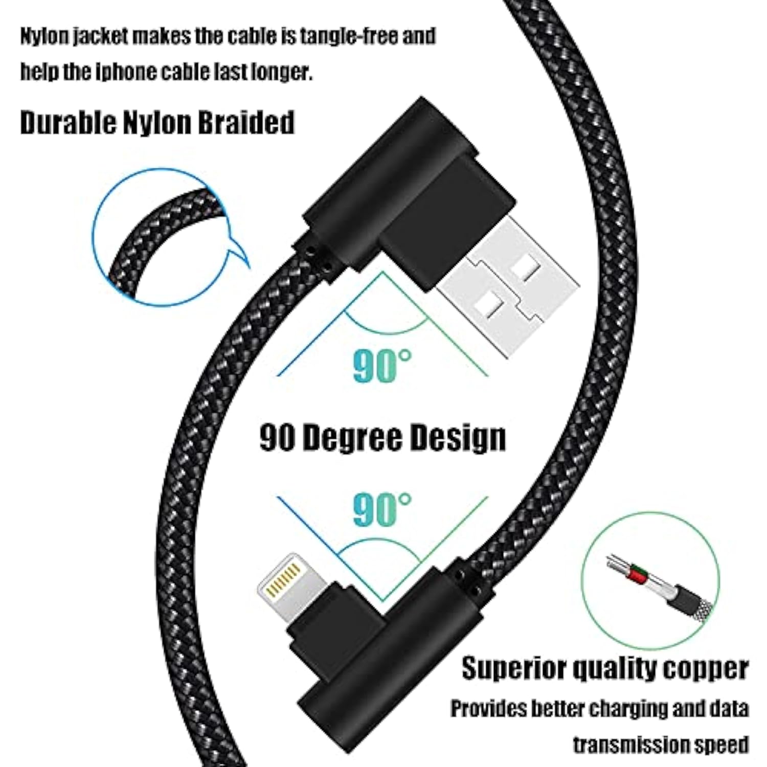 Iphone Charger 3 Feet Mfi Certified 3 Pack 90 Degree Nylon Braided Lightning Cable Right Angle Charging Cord For Iphone14 13 12 11 Pro X Xs Xr 8 Plus 7 6 5 And More (Black, 3 Ft)