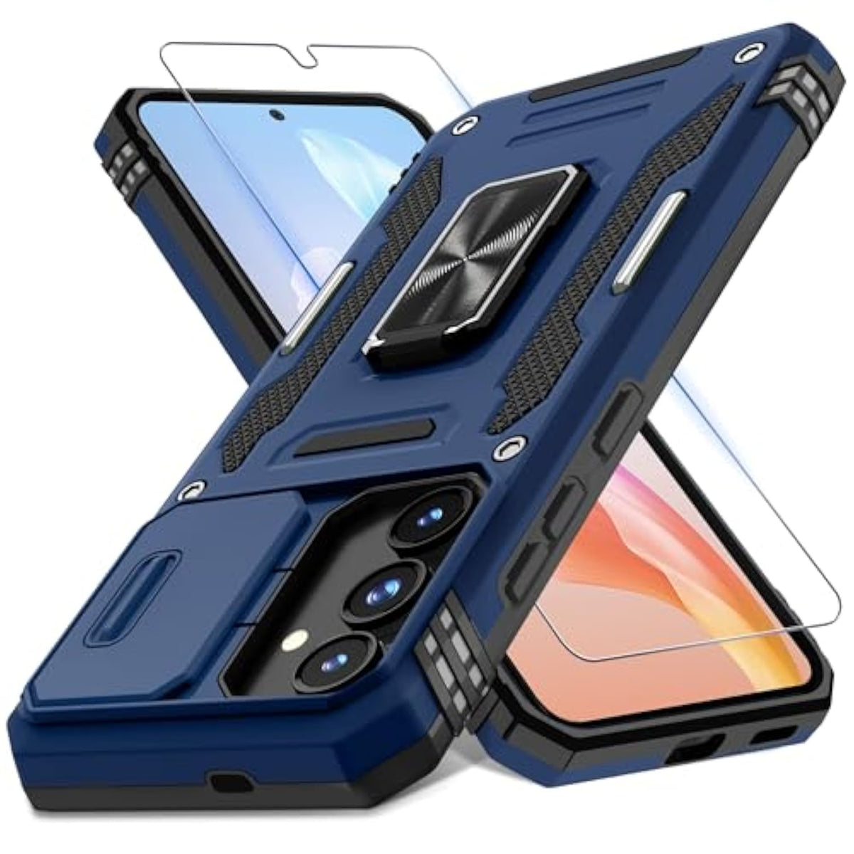 Case For Samsung Galaxy S25 6.2-Inch With Slide Camera Cover+Screen Protector (1 Pack), Rotated Ring Kickstand Military Grade Shockproof Protective Cover-Navy Blue