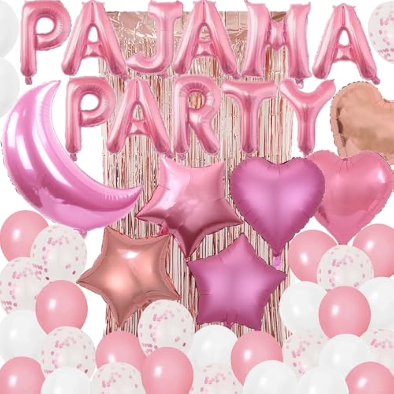 51 Pieces Pajama Party Balloons Pink Moon Star Heart Balloons Latex Balloons Foil Fringe Curtains For Girls Women Slumber Party Sleepover Birthday Party Spa Party Decoration (Pink)