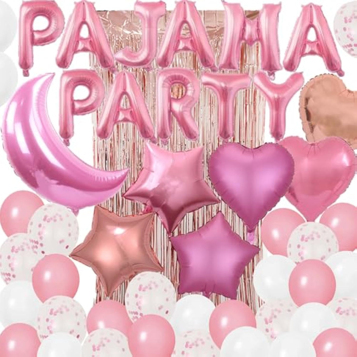 51 Pieces Pajama Party Balloons Pink Moon Star Heart Balloons Latex Balloons Foil Fringe Curtains For Girls Women Slumber Party Sleepover Birthday Party Spa Party Decoration (Pink)