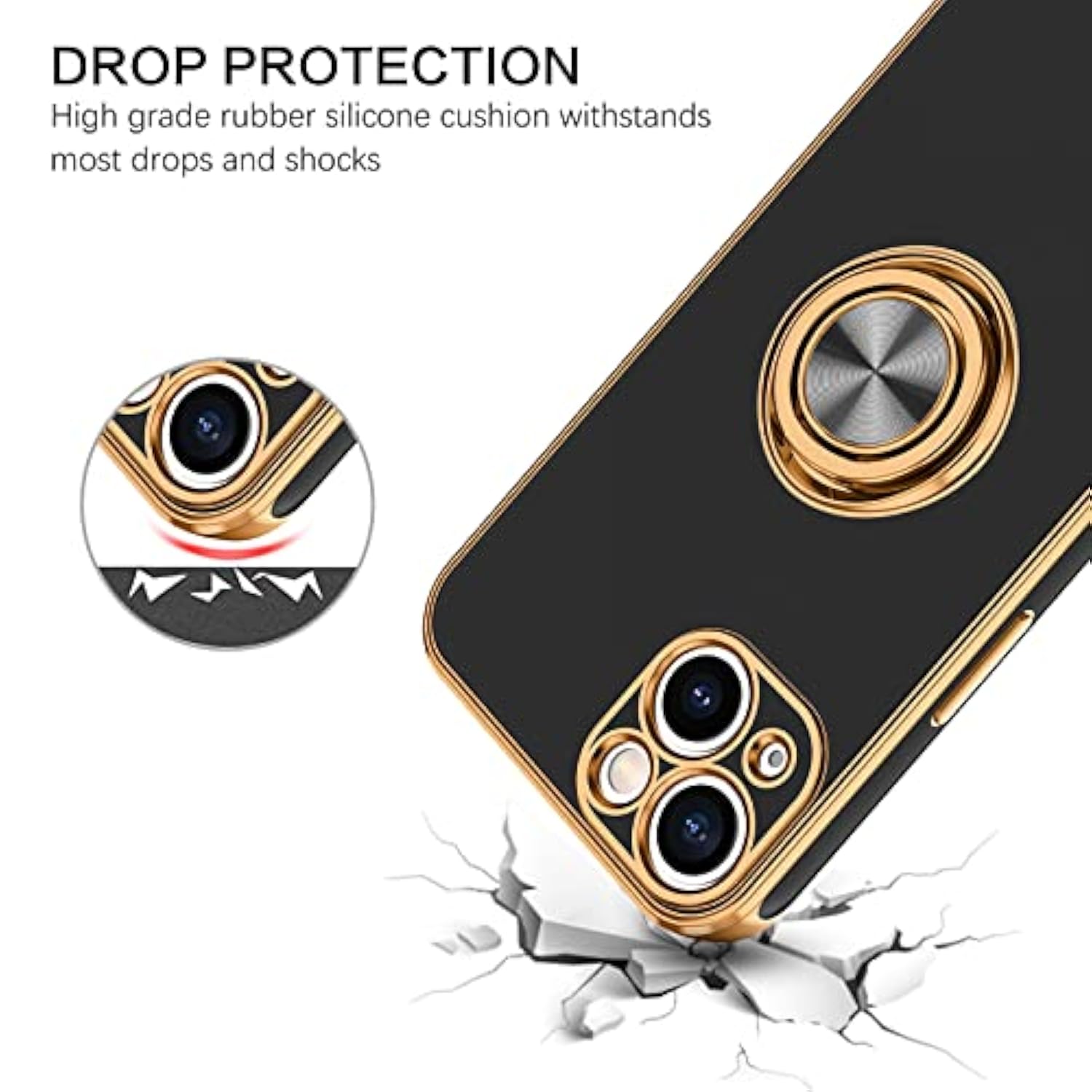 For Iphone 13 Case, Phone Case Iphone 13, Slim Fit 360° Ring Holder Shockproof Kickstand Magnetic Car Mount Supported Non-Slip Protective Women Girls Men Cover For Iphone 13 6.1 Inch,Black