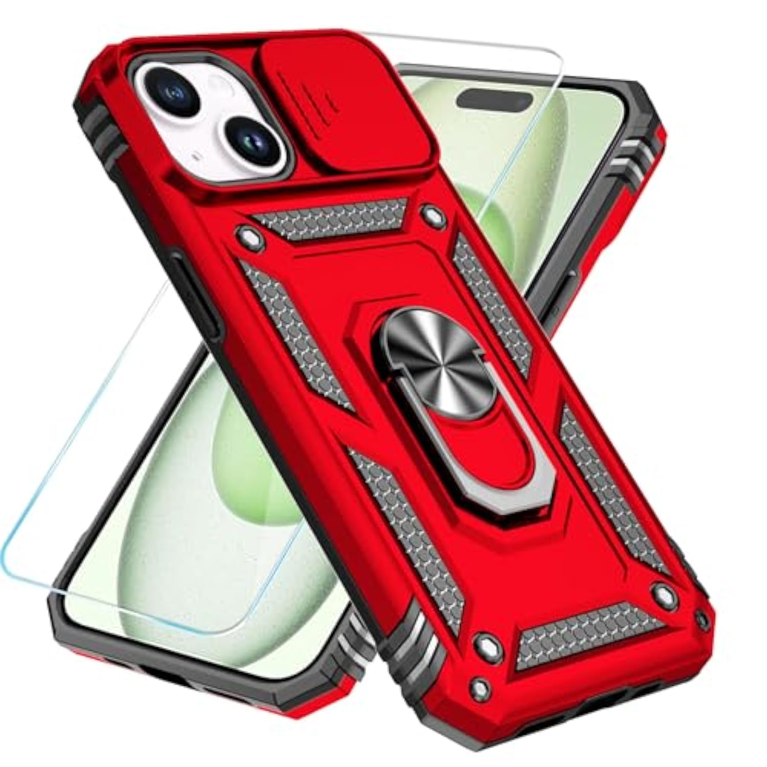 Compatible With Iphone 15 Plus Case With Hd Screen Protector & Slide Camera Cover & Rotated Ring Kickstand, [-Grade] Phone Case For Iphone 15 Plus (Red)
