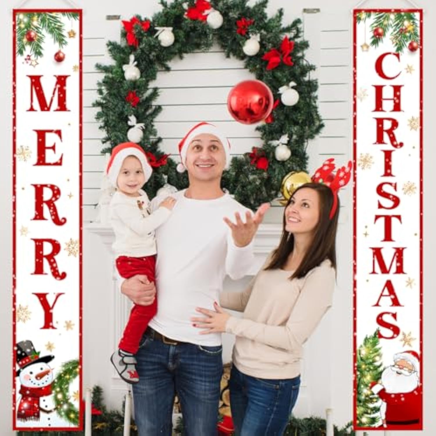 Christmas Door Banner-Christmas Outdoor Decorations Outdoor Santa Claus Snowman Merry Christmas Porch Sign Red Xmas Party Supplies