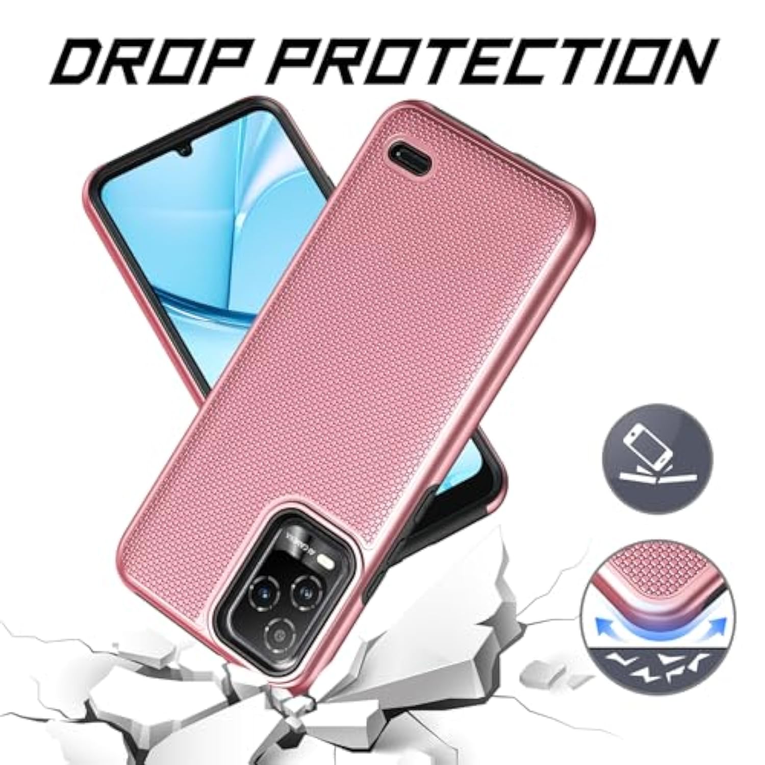 For Blu View 5 Pro B170D Phone Case, With Screen Protector, Dual Layer Shockproof Protective, Silicone Bumper Non Slip Back, Heavy Duty Rugged Cell Phone Cover For Blu View 5 Pro-Rose Gold