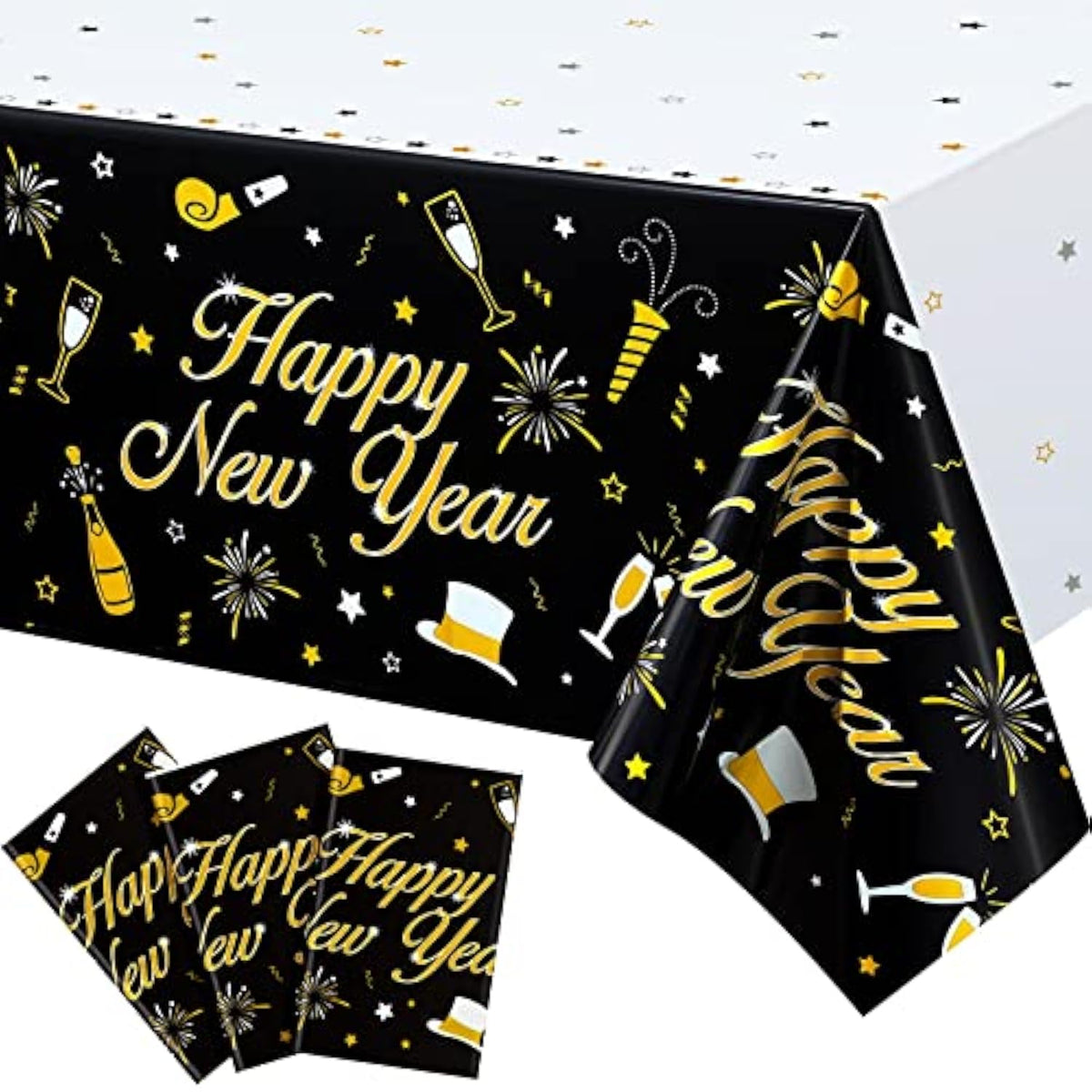 3 Pack 2026 Happy New Year Table Covers 54x108in Black Gold Party Decor