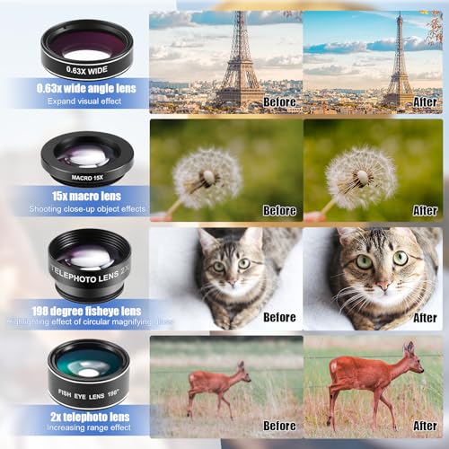 16 Pcs Phone Camera Lens Kit 16 in 1 with Selfie Light Universal Clip on Cell Phone 198 Degree Fisheye Wide Angle Macro Kaleidoscope CPL Lens