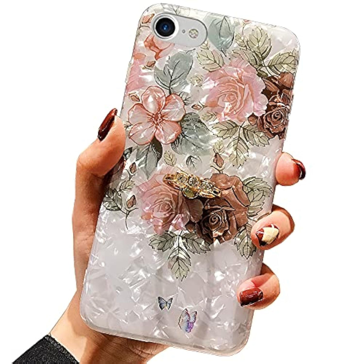Compatible With Iphone 8/7 /Se (2022/2020) Case 4.7 Inch Flower Cute Fashion Design For Women Girls 360 Degree Rotating Ring Kickstand Soft Tpu Shockproof Cover Brown Flower