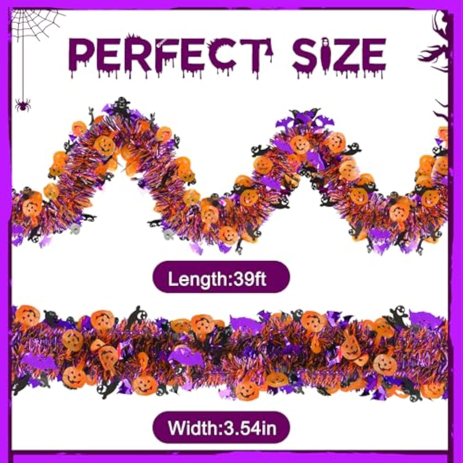 39FT Halloween Tinsel Garland with Pumpkin Ghost Bat Glitter Twist, 6PCS Party Decor
