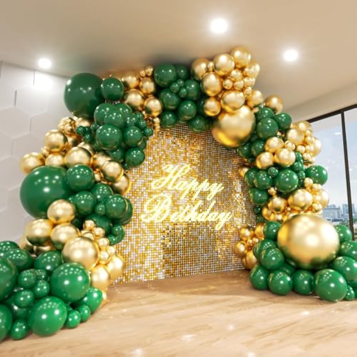 140pcs Green & Gold Balloon Garland Kit – Emerald, Forest, Hunter for Party and Event Decor