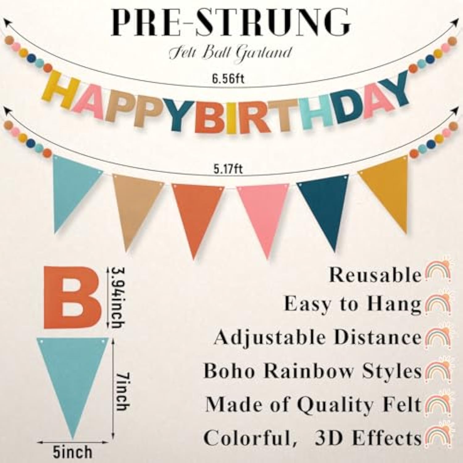 2 Pack Boho Felt Happy Birthday Pennant Banner 12Ft Pre-Strung Rainbow Felt Ball Garland Triangle Flags Reusable 3D Happy Birthday Sign Decorations For Women Boys Girls Party Decor Photo Prop