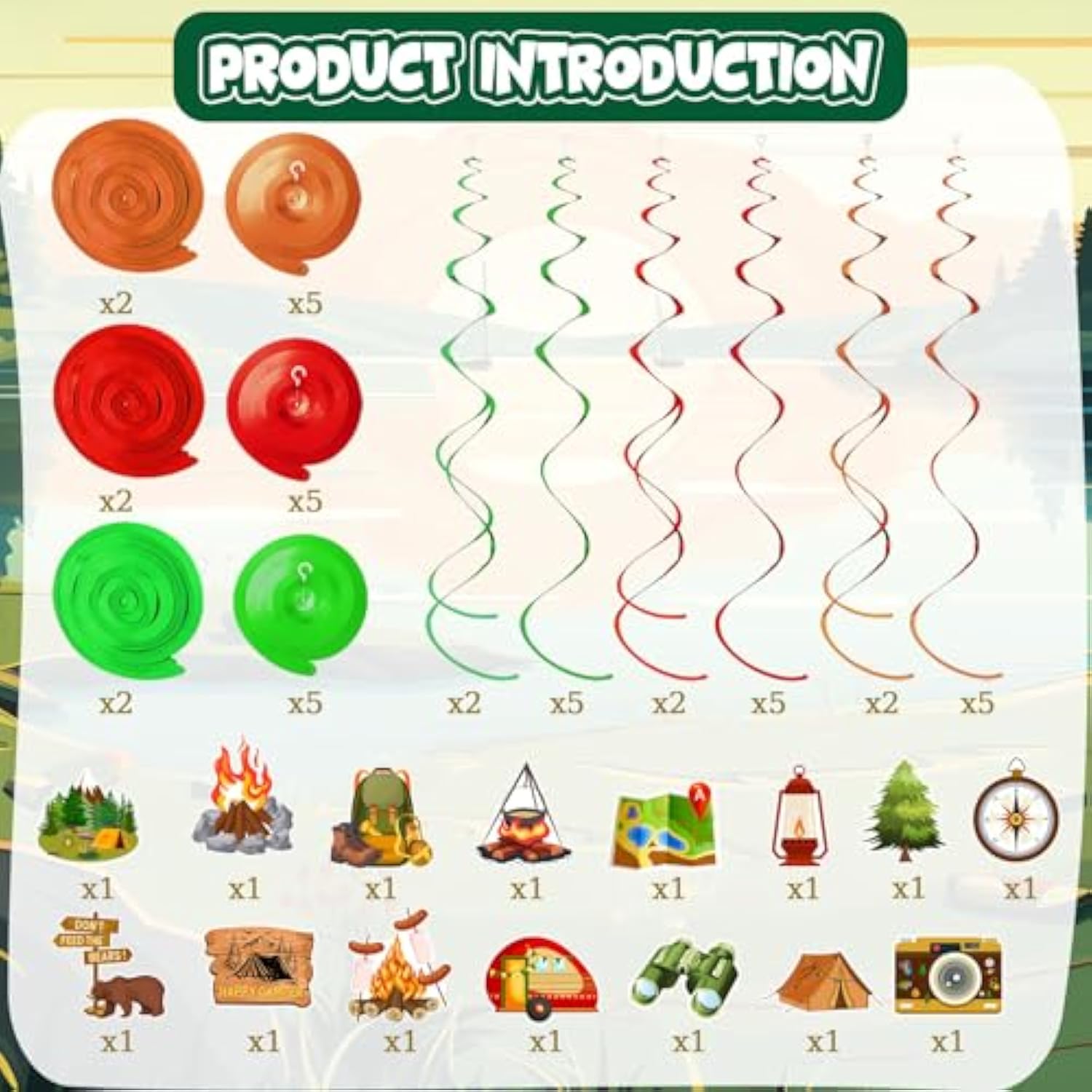 36Pcs Happy Camper Party Hanging Swirls Camping Themed Party Swirls Streamers Camping Adventure Bears Tent Party Birthday Decor For Boys Girls Kids Baby Shower Decorations
