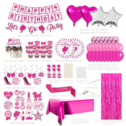 Pink Birthday Party Decorations For Girls - (Total 85Pcs) Pink Glitter Happy Birthday Banner For Her, Hanging Swirl, Foil Backdrops, Balloons, Pink Birthday Decor For 10Th 13Th 16Th 18Th 21St