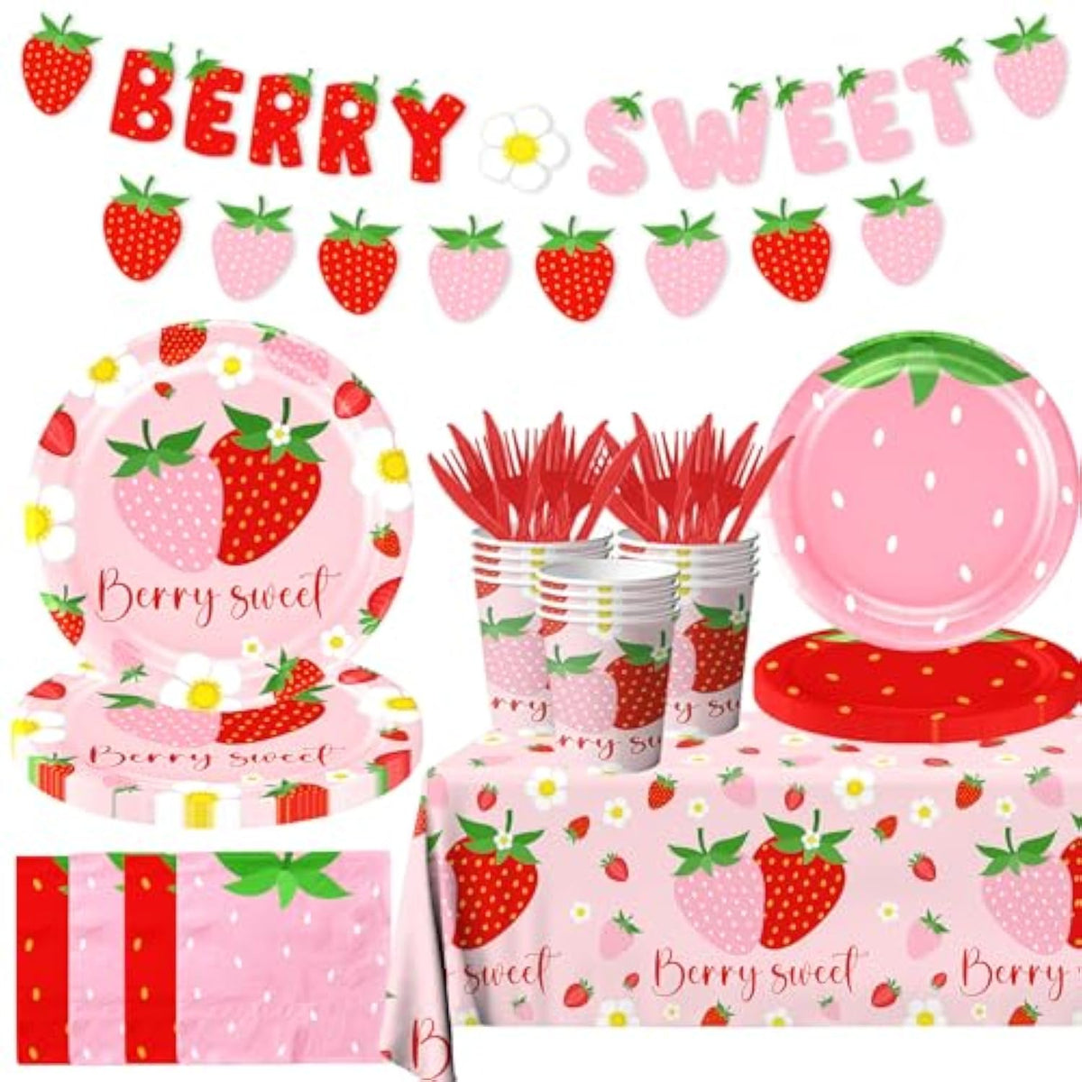 Strawberry Party Decorations,Strawberry Theme Birthday Party Tableware Set A Berry Sweet Baby Plates Napkins Cups For Berry First Birthday Party Supplies,Strawberry Baby Shower
